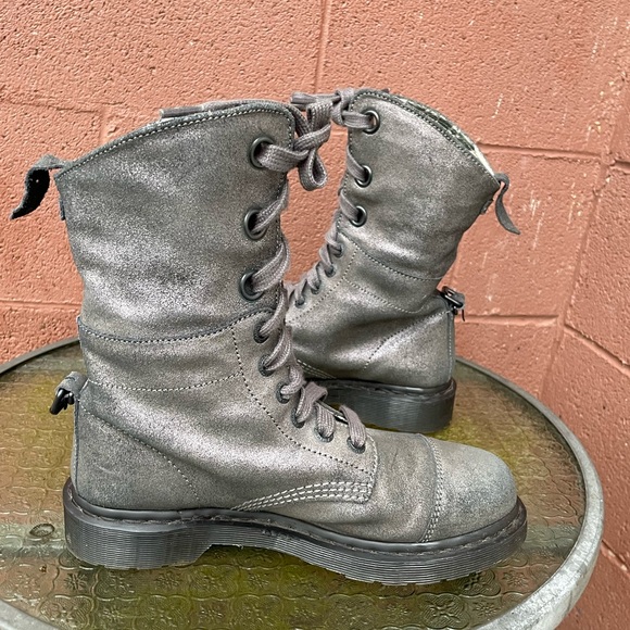 Dr Martens Aimilie Incandescent Gun Metal Suede Leather Fold over Combat boot  8 - Picture 8 of 15